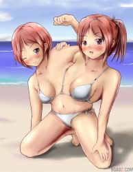 Rule 34 | 2girls, arm support, barefoot, beach, bikini, blush, breasts, breasts apart, conjoined, day, extra arms, feet, ftt, highres, kneeling, looking at viewer, multiple girls, navel, one eye closed, original, ponytail, short hair, siblings, side-tie bikini bottom, smile, swimsuit, toes, twins, what, white bikini, wink