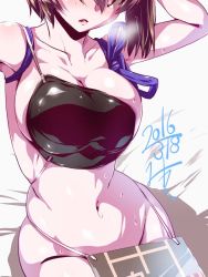 Rule 34 | 10s, 1girl, 2016, breasts, brown hair, cleavage, collarbone, dated, groin, heavy breathing, kaga (kancolle), kantai collection, large breasts, long hair, miuku (marine sapphire), muneate, navel, side ponytail, sitting, solo, sweat