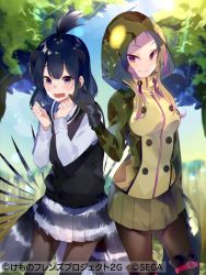 Rule 34 | 2girls, african rock python (kemono friends), antenna hair, arm at side, arm up, black hair, blonde hair, blue eyes, blue hair, blush, boots, closed mouth, company name, crested porcupine (kemono friends), day, drawstring, extra ears, furrowed brow, gloves, glowing, glowing clothes, hand up, hands up, hood, hood up, hooded jacket, jacket, kemono friends, kemono friends 3, long hair, long sleeves, medium hair, miniskirt, miwano rag, multicolored hair, multiple girls, nervous, official art, open mouth, outdoors, pantyhose, parted bangs, pleated skirt, porcupine ears, print jacket, purple eyes, purple hair, shirt, sidelocks, skirt, slit pupils, smile, snake print, snake tail, spikes, tail, teasing, thigh boots, thighhighs, two-tone hair, watermark, wavy mouth