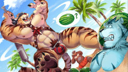 Rule 34 | 3boys, abs, bara, baseball bat, bat (animal), beach, bear boy, bernard (gyee), biceps, blue fur, buried, chest harness, closed eyes, cloud, cloudy sky, covered eyes, crotch plate, day, fangs, food, fruit, furry, furry male, gluteal fold, gyee, hachi (gyee), happy, harness, headband, kumahachi, large pectorals, looking up, male focus, male swimwear, moon (gyee), multiple boys, muscular, muscular male, navel, navel hair, nervous, nipples, official art, open mouth, orange male swimwear, orange swim trunks, palm tree, pectorals, sand, scar, scar on chest, scar on face, sky, smile, speech bubble, suikawari, sweat, sweatdrop, swim trunks, swimsuit, thick arms, thick eyebrows, thick thighs, thighs, tiger boy, topless male, tree, watermelon