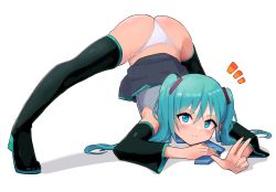 Rule 34 | 1girl, aqua eyes, aqua hair, arm rest, ass, black footwear, black sleeves, black thighhighs, blue necktie, boots, clothes lift, detached sleeves, flexible, full body, grey shirt, grey skirt, hair ornament, hatsune miku, highres, hiragi (hitoriwolf), jack-o&#039; challenge, long hair, looking at viewer, meme, miniskirt, nail polish, necktie, panties, pleated skirt, shadow, shirt, simple background, skirt, skirt lift, smile, solo, spread legs, stretching, string panties, thigh boots, thighhighs, tiptoes, top-down bottom-up, twintails, underwear, vocaloid, white background, white panties, wide spread legs