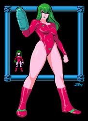 Rule 34 | 1girl, alternate costume, alternate hair color, arm cannon, boots, breasts, clenched hand, full body, green hair, green lips, highleg, highleg leotard, jmanvelez, justin bailey, leotard, lipstick, long hair, long legs, makeup, medium breasts, metroid, metroid (classic), nintendo, pixelated, red eyes, samus aran, solo, standing, thighs, weapon