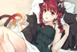 Rule 34 | 1girl, animal, animal ears, black bow, blush, bow, braid, cat, cat ears, cat tail, collarbone, hair bow, kaenbyou rin, looking at viewer, lying, on back, parted lips, red eyes, red hair, rinarisa, short hair, solo, tail, touhou, twin braids