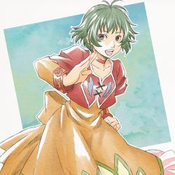 Rule 34 | 00s, 1girl, :d, blue background, brown eyes, choker, cropped jacket, dress, farah oersted, fighting stance, green hair, mishiro (andante), open mouth, orange dress, short hair, smile, solo, tales of (series), tales of eternia