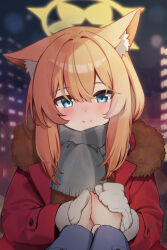 Rule 34 | 1girl, 1other, animal ear fluff, animal ears, blue archive, blue eyes, blush, closed mouth, coat, grey scarf, halo, long hair, long sleeves, looking at viewer, mari (blue archive), moepu., open mouth, orange hair, red coat, scarf, smile, solo focus, upper body, yellow halo