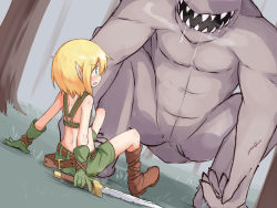 Rule 34 | 1girl, armor, beize (garbage), belt, blonde hair, blush, boots, colored skin, elf, fangs, giant, gloves, green eyes, grey skin, looking up, monster, nude, pointy ears, sitting, size difference, sword, tears, weapon