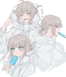 Rule 34 | 1boy, absurdres, blue eyes, blush, blush stickers, closed mouth, coat, eyelashes, fate/grand order, fate (series), food, food in mouth, frown, grey hair, happy, highres, holding, holding food, holding popsicle, hood, hooded coat, male focus, oberon (fate), open mouth, popsicle, popsicle in mouth, short hair, short ponytail, teeth, translation request, upper teeth only, variations, white coat, yurumawari