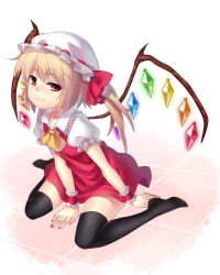 Rule 34 | 1girl, bad id, bad pixiv id, black joa, blonde hair, female focus, flandre scarlet, floor, hat, highres, nail polish, ponytail, red eyes, short hair, side ponytail, sitting, solo, embodiment of scarlet devil, thighhighs, touhou, wariza, wings, wrist cuffs