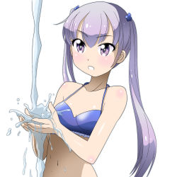 Rule 34 | 1girl, bikini, bikini top only, blue bikini, breasts, cleavage, collarbone, hair between eyes, hair ornament, highres, long hair, navel, new game!, purple eyes, purple hair, shiny clothes, shiny skin, simple background, small breasts, solo, standing, suzukaze aoba, swimsuit, takaya n, twintails, upper body, very long hair, water, white background