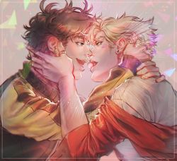 Rule 34 | 2boys, alternate costume, battle tendency, blonde hair, brown hair, caesar anthonio zeppeli, candy, contemporary, earrings, facial mark, food, green eyes, hand on another&#039;s face, homil22, imminent kiss, indirect kiss, jacket, jewelry, jojo no kimyou na bouken, joseph joestar, joseph joestar (young), male focus, multiple boys, off shoulder, red jacket, ring, yaoi