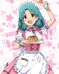 Rule 34 | 1girl, :d, apron, bow, bowtie, breasts, brown eyes, butterfly ornament, chocolate syrup, curly hair, dot nose, dress, food, forehead, frilled apron, frilled skirt, frills, grey hair, holding, holding plate, idolmaster, idolmaster million live!, idolmaster million live! theater days, maid headdress, marshmallow, medium breasts, official alternate costume, official art, open mouth, pancake, pancake stack, parted bangs, pink bow, pink bowtie, pink dress, plate, pointing, pointing up, pretty waitress (idolmaster), puffy short sleeves, puffy sleeves, roasted marshmallow, shirt, short hair, short sleeves, sidelocks, skirt, smile, solo, standing, star (symbol), starry background, straight-on, thighhighs, tokugawa matsuri, upper body, waist apron, waitress, white apron, white shirt, white thighhighs, wrist cuffs