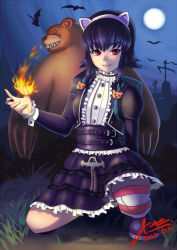 Rule 34 | 1girl, animal ears, annie (league of legends), backpack, bag, black hair, fingernails, fire, goth fashion, highres, league of legends, ricegnat, shoes, short hair, sitting, thighhighs, tibbers