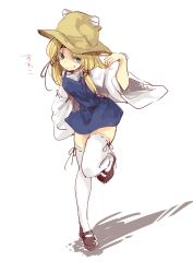 Rule 34 | 1girl, bad id, bad pixiv id, blonde hair, blue eyes, character name, female focus, hat, kiguchiko, leg up, long hair, moriya suwako, no nose, ribbon, simple background, sketch, smile, solo, standing, standing on one leg, thighhighs, touhou, white background, white thighhighs