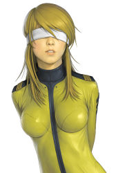 Rule 34 | 10s, 1girl, arms behind back, bdsm, blindfold, blonde hair, bodysuit, breasts, lips, long hair, military, military uniform, mori yuki, parted lips, realistic, science fiction, solo, uchuu senkan yamato, uchuu senkan yamato 2199, uniform, watanabe yasuaki