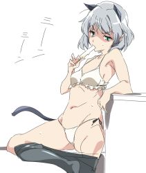 Rule 34 | 1girl, animal ears, black pantyhose, bra, breasts, cat ears, cat tail, clothes pull, food, green eyes, grey hair, navel, panties, pantyhose, pantyhose pull, popsicle, sanya v. litvyak, short hair, side-tie panties, simple background, small breasts, solo, strike witches, sweat, tail, umanosuke, underwear, underwear only, white background, white bra, white panties, world witches series