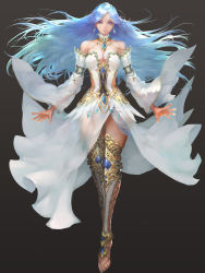 Rule 34 | 1girl, bare shoulders, blue eyes, blue hair, breasts, cleavage, closed mouth, detached sleeves, dress, earrings, feathers, floating, gem, gradient background, highres, jewelry, long hair, long sleeves, original, see-through, smile, solo, white dress, youshun (naturaljuice)
