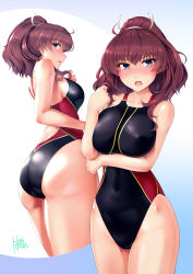 Rule 34 | 10s, 1girl, ass, black one-piece swimsuit, blue eyes, blush, brown hair, commentary request, competition swimsuit, cowboy shot, hassen (8cm), konohana suzuka, long hair, looking at viewer, multiple views, one-piece swimsuit, ponytail, swimsuit, toji no miko, white background