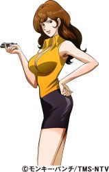 Rule 34 | 1girl, absurdres, bare arms, black eyes, black skirt, breasts, brown hair, cleavage, cowboy shot, fingernails, from side, gun, hand on own hip, highres, holding, holding gun, holding weapon, large breasts, lipstick, long hair, looking at viewer, lupin iii, makeup, mine fujiko, miniskirt, official art, orange shirt, parted lips, pencil skirt, shirt, simple background, skirt, sleeveless, sleeveless shirt, smile, solo, upper body, wavy hair, weapon, white background, wing collar