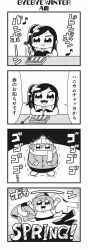 Rule 34 | 2girls, 4koma, :3, :d, arms on table, barefoot, bkub, blush, clenched hands, comic, english text, fang, greyscale, halftone, hat, highres, honey come chatka!!, instrument, interlocked fingers, jacket, jumping, komikado sachi, long hair, monochrome, multiple girls, musical note, open mouth, scarf, scarf over mouth, shirt, shoes, short hair, shorts, side ponytail, sidelocks, simple background, smile, speech bubble, swept bangs, table, talking, tayo, translation request, trembling, two-tone background, two side up, undershirt, winter clothes, xylophone