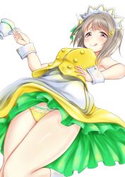 Rule 34 | 1girl, :p, absurdres, apron, artist name, artist request, bare legs, blush, bow, breasts, brown hair, buttons, crescent, crescent hair ornament, cup, dress, feathers, female focus, from above, green ribbon, green skirt, grey hair, hair bow, hair ornament, hair ribbon, hand on own hip, highres, holding, holding cup, light brown hair, looking at viewer, love live!, love live! nijigasaki high school idol club, miniskirt, nail, nail polish, nakasu kasumi, panties, parted lips, pink eyes, pink nails, pink nails, plaid, plaid dress, plaid skirt, pleated, pleated dress, pleated skirt, purple eyes, ribbon, short hair, skirt, sleeveless, sleeveless dress, smile, socks, solo, star (symbol), star hair ornament, teacup, tongue, tongue out, underwear, upskirt, white apron, white background, white feathers, white headdress, white wrist cuffs, wrist cuffs, yellow bow, yellow dress, yellow panties, yellow skirt