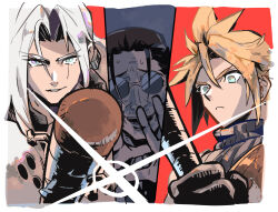 Rule 34 | 3boys, armor, baseball bat, black gloves, black hair, blonde hair, blue shirt, border, cloud strife, facial hair, final fantasy, final fantasy vii, final fantasy vii rebirth, final fantasy vii remake, furrowed brow, gloves, grey background, grey hair, hair between eyes, long hair, male focus, multiple boys, nail, nail (hardware), nail bat, parted bangs, parted lips, professor houjou, red background, round eyewear, sephiroth, shirt, short hair, shoulder armor, sleeveless, sleeveless turtleneck, spiked hair, stubble, sweatdrop, turtleneck, upper body, white border, wxz