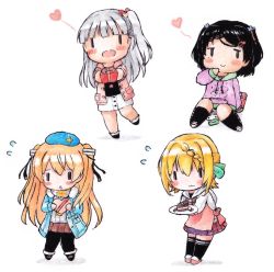 Rule 34 | 4girls, alternate costume, apron, black hair, black socks, blonde hair, blush, braid, braided bangs, chibi, flying sweatdrops, hair bun, hair ornament, hair ribbon, hairclip, heart, heart hair ornament, hood, hooded jacket, jacket, johnston (kancolle), kantai collection, kneehighs, light brown hair, long hair, long sleeves, maestrale (kancolle), mole, mole under eye, multiple girls, one side up, open mouth, pantyhose, perth (kancolle), pink apron, pink jacket, plaid, plaid skirt, pleated skirt, poipoi purin, ribbon, scarf, scirocco (kancolle), silver hair, simple background, single hair bun, skirt, smile, socks, thighhighs, two side up, valentine, wavy mouth, white background