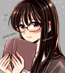 Rule 34 | 1girl, black-framed eyewear, blush, book, brown hair, closed mouth, collared shirt, commentary request, dated, flying sweatdrops, glasses, grey background, hands up, himawari-san, himawari-san (character), holding, holding book, long hair, looking at viewer, open book, purple eyes, shawl, shirt, signature, simple background, solo, sugano manami, upper body, white shirt