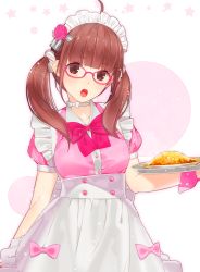 Rule 34 | 1girl, :o, ahoge, ama mitsuki, apron, blunt bangs, blush, bow, brown eyes, brown hair, food, frilled apron, frills, glasses, head tilt, long hair, looking at viewer, maid headdress, omelet, omurice, open mouth, original, pink-framed eyewear, pink bow, puffy short sleeves, puffy sleeves, scrunchie, short sleeves, simple background, solo, tray, twintails, waitress, wrist cuffs