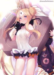 Rule 34 | 1girl, abigail williams (fate), abigail williams (swimsuit foreigner) (fate), abigail williams (swimsuit foreigner) (second ascension) (fate), bare shoulders, black bow, black cat, black jacket, blonde hair, blue eyes, blush, bow, braid, braided bun, breasts, cat, closed mouth, double bun, dress swimsuit, fate/grand order, fate (series), forehead, hair bun, hat, jacket, keyhole, lens flare, long hair, looking at viewer, mitre, multiple bows, one-piece swimsuit, orange bow, parted bangs, sidelocks, small breasts, smile, suzuho hotaru, swimsuit, thighs, twintails, very long hair, white headwear, white one-piece swimsuit