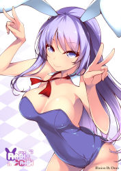 Rule 34 | 1girl, absurdres, animal ears, artist name, bare arms, bare shoulders, blue eyes, breasts, checkered floor, cleavage, corset, dean (momodean), detached collar, double v, erina (rabi-ribi), highres, leotard, long hair, looking at viewer, playboy bunny, purple hair, rabbit ears, rabi-ribi, smile, solo, v