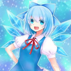 Rule 34 | 1girl, bad id, bad pixiv id, blue background, blue dress, blue eyes, blue hair, cirno, dress, fang, hair ribbon, hand on own hip, highres, leaning, looking at viewer, matching hair/eyes, nekotamago, open mouth, outline, puffy short sleeves, puffy sleeves, ribbon, short hair, short sleeves, solo, star (symbol), starry background, touhou, upper body, wings