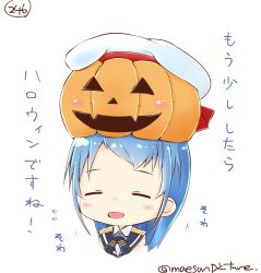 Rule 34 | 10s, 1girl, beret, blue hair, blush stickers, chibi, closed eyes, elbow gloves, flying sweatdrops, gloves, halloween, hat, jack-o&#039;-lantern, kantai collection, long hair, mae (maesanpicture), motion lines, numbered, open mouth, pumpkin, pumpkin hat, sailor collar, samidare (kancolle), smile, solo, swept bangs, translated, twitter username