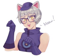 Rule 34 | 1girl, animal ears, black-framed eyewear, blue dress, blue gloves, blue hat, bright pupils, cat ears, commentary, dress, elizabeth (persona), english commentary, eyelashes, fake animal ears, glasses, gloves, grey hair, hat, highres, jellyponzu, looking at viewer, open mouth, paw pose, persona, persona 3, short hair, simple background, sleeveless, sleeveless dress, smile, solo, teeth, upper body, upper teeth only, white background, white pupils, yellow eyes