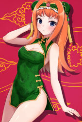 Rule 34 | 1girl, alternate costume, bare shoulders, blue eyes, blush, bow, breasts, bun cover, china dress, chinese clothes, cleavage, cleavage cutout, closed mouth, clothing cutout, covered navel, double bun, dress, embarrassed, frills, hair bun, hair over shoulder, hairband, hand in own hair, highres, higurashi no naku koro ni mei, houtani nao, long hair, looking at viewer, medium bangs, orange hair, print dress, red background, short dress, side slit, sleeveless, sleeveless dress, small breasts, solo, unamused, yuno ff