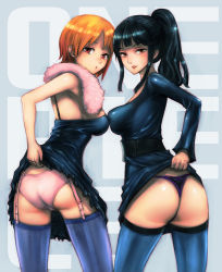 Rule 34 | 2girls, ass, asymmetrical docking, back-seamed legwear, black hair, blush, boyaking, breast press, breasts, brown eyes, clothes lift, dress, dress lift, from behind, garter straps, large breasts, long hair, looking back, medium breasts, multiple girls, nami (one piece), nico robin, one piece, one piece: strong world, orange hair, panties, ponytail, red eyes, seamed legwear, short hair, skirt, skirt lift, smile, symmetrical docking, thighhighs, thong, underwear