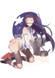 Rule 34 | 1girl, azur lane, black hair, black thighhighs, blunt bangs, blush, breasts, brown eyes, china dress, chinese clothes, closed mouth, detached sleeves, dress, full body, hair ribbon, highres, injury, kneeling, large breasts, long hair, looking to the side, mary janes, one eye closed, red cucumber, red ribbon, ribbon, rigging, scrape, shoes, sidelocks, simple background, solo, thighhighs, torn clothes, torn dress, torn thighhighs, very long hair, white background, white dress, wide sleeves, yat sen (azur lane)