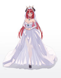 Rule 34 | 1girl, absurdres, alternate costume, bare shoulders, black footwear, breasts, circlet, cleavage, closed mouth, collarbone, detached sleeves, dress, frilled dress, frills, full body, genshin impact, gold choker, highres, horns, jewelry, lao xi, long dress, long hair, looking at viewer, medium breasts, nilou (genshin impact), own hands together, parted bangs, pendant, platform footwear, simple background, smile, solo, tachi-e, twintails, veil, wedding dress, white background, white dress