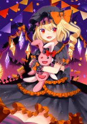 Rule 34 | 3girls, :d, alternate costume, bat (animal), bat wings, black dress, blonde hair, bow, candy, cross, dress, fangs, flandre scarlet, food, frilled dress, frills, gothic lolita, gradient sky, halloween, hat, hat ribbon, highres, izayoi sakuya, knife, layered dress, light particles, lolita fashion, looking at viewer, mob cap, multiple girls, night, open mouth, orange bow, outdoors, puffy short sleeves, puffy sleeves, red eyes, remilia scarlet, ribbon, sakizaki saki-p, short hair, short sleeves, side ponytail, silhouette, sitting, sky, smile, solo focus, spear the gungnir, streamers, striped clothes, striped legwear, striped thighhighs, stuffed animal, stuffed rabbit, stuffed toy, thighhighs, touhou, wings, wrist cuffs