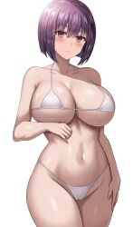Rule 34 | 1girl, absurdres, bikini, blush, breasts, closed mouth, hand on own thigh, highres, ijiranaide nagatoro-san, jasony, large breasts, looking at viewer, navel, purple hair, red eyes, short hair, simple background, solo, split mouth, sunomiya hana, swimsuit, white background, white bikini