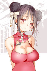 Rule 34 | 1girl, :o, ahoge, arms behind back, bad id, bad pixiv id, bare shoulders, black bow, black hair, blush, bow, breasts, cat cutout, china dress, chinese clothes, cleavage, cleavage cutout, clothing cutout, double bun, dress, earrings, hair bow, hoshii hisa, indoors, jewelry, jingle bell earrings, lampion, large breasts, looking at viewer, original, parted lips, red dress, red eyes, short hair, sidelocks, sleeveless, sleeveless dress, solo, stud earrings, tassel, upper body, white bow, window