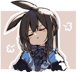 Rule 34 | 1girl, :t, amiya (arknights), animal ears, arknights, blush stickers, brown background, brown hair, closed eyes, closed mouth, cropped torso, facing viewer, long hair, outline, portrait, pout, purple neckwear, rabbit ears, sidelocks, sketch, solo, sukima (crie), two-tone background, v-shaped eyebrows, white outline