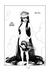 Rule 34 | 1girl, :d, barefoot, breasts, censored, commentary, completely nude, english commentary, english text, fate (series), greyscale, groin, hands on own hips, hat, highres, koha-ace, kusujinn, long hair, looking at viewer, medium breasts, mini nobu (fate), monochrome, navel, novelty censor, nude, oda nobunaga (fate), oda nobunaga (koha-ace), open mouth, smile, solo, teeth, very long hair