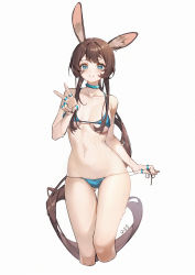 Rule 34 | 1girl, :d, absurdres, amiya (arknights), animal ear fluff, animal ears, arknights, bare shoulders, bikini, black nails, blue bikini, blue eyes, blush, breasts, collarbone, cropped legs, dated, gluteal fold, grin, highres, jewelry, long hair, looking at viewer, low ponytail, lowleg, lowleg bikini, lushi jin up, medium breasts, multiple rings, nail polish, navel, open mouth, parted lips, rabbit ears, ring, side-tie bikini bottom, sidelocks, simple background, smile, solo, standing, stomach, sweat, swimsuit, thigh gap, underboob, v, very long hair, white background
