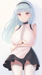 Rule 34 | 1girl, apron, arm under breasts, azur lane, black choker, black hairband, blue hair, blush, breasts, center frills, choker, closed mouth, clothing cutout, dido (azur lane), dress, frilled choker, frills, hairband, highres, lace-trimmed hairband, lace trim, large breasts, long hair, looking at viewer, maid, purple eyes, simple background, snow dusk, thighhighs, underboob, underboob cutout, white apron, white hair, zettai ryouiki