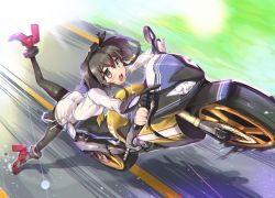 Rule 34 | 10s, 1girl, absurdres, ankle boots, armadillo-tokage, bad id, bad pixiv id, black hair, blush, boots, brown eyes, chain, dress, headgear, high heel boots, high heels, highres, kantai collection, long sleeves, motor vehicle, motorcycle, neckerchief, open mouth, sailor collar, sailor dress, seamed legwear, shirt, short dress, short hair, short hair with long locks, side-seamed legwear, solo, tears, thighhighs, tied shirt, tokitsukaze (kancolle), vehicle