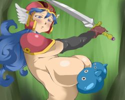 Rule 34 | armor, blue eyes, blue hair, blush, breast sucking, breasts, chunsoft, double breast sucking, dragon quest, dragon quest iii, enix, forest, gloves, helmet, huge breasts, long hair, monster boy, nature, outdoors, ryujya dou, slime, soldier (dq3), warrior, wings