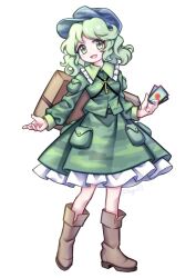 Rule 34 | 1girl, ability card (touhou), boots, brown footwear, camouflage, camouflage headwear, camouflage shirt, camouflage skirt, collared shirt, frilled shirt collar, frilled skirt, frills, full body, green eyes, green hair, green hat, green shirt, green skirt, hat, holding, key, knee boots, long sleeves, medium hair, miy 001, open mouth, shirt, simple background, skirt, smile, solo, touhou, twitter username, white background, yamashiro takane