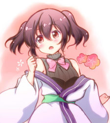 Rule 34 | 1girl, :o, banderasu, bare shoulders, black hair, black sweater, blush, bow, bowtie, clenched hands, commentary request, flower, hair between eyes, hand up, head tilt, japanese clothes, kimono, long hair, long sleeves, looking away, looking to the side, obi, off shoulder, open mouth, pink bow, pink bowtie, red eyes, ribbed sweater, sash, short twintails, solo, sweater, sweater vest, turtleneck, turtleneck sweater, twintails, upper body, urara meirochou, white kimono, wide sleeves, yukimi koume