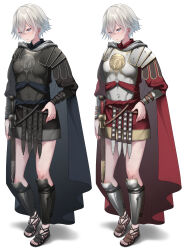 Rule 34 | 1girl, armor, blue cape, blue eyes, bracer, breastplate, cape, chainmail, crest, fantasy, female focus, full body, greco-roman clothes, grey hair, hair between eyes, highres, noah gaa, original, red cape, roman clothes, sandals, sheath, sheathed, shin guards, short hair, shoulder armor, simple background, solo, standing, sword, toes, tunic, variations, weapon, white background