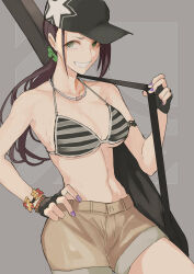 1girl bare_shoulders baseball_cap bikini black_gloves blush bracelet breasts brown_hair brown_shorts cleavage collarbone cowboy_shot fingerless_gloves flower_bracelet gloves green_eyes green_scrunchie grey_background grey_bikini grin guitar_case hair_ornament hair_scrunchie hand_on_own_hip hat holding_strap idolmaster idolmaster_cinderella_girls idolmaster_cinderella_girls_starlight_stage instrument_case jewelry large_breasts long_hair looking_at_viewer nail_polish navel necklace ponytail print_headwear purple_nails sawarakajin scrunchie shorts smile solo standing star_(symbol) star_print striped_bikini striped_clothes swimsuit yamato_aki